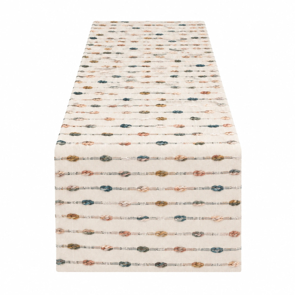 Chemin de table 180 x 40 cm en tissu tissé écru à motifs tressés multicolores