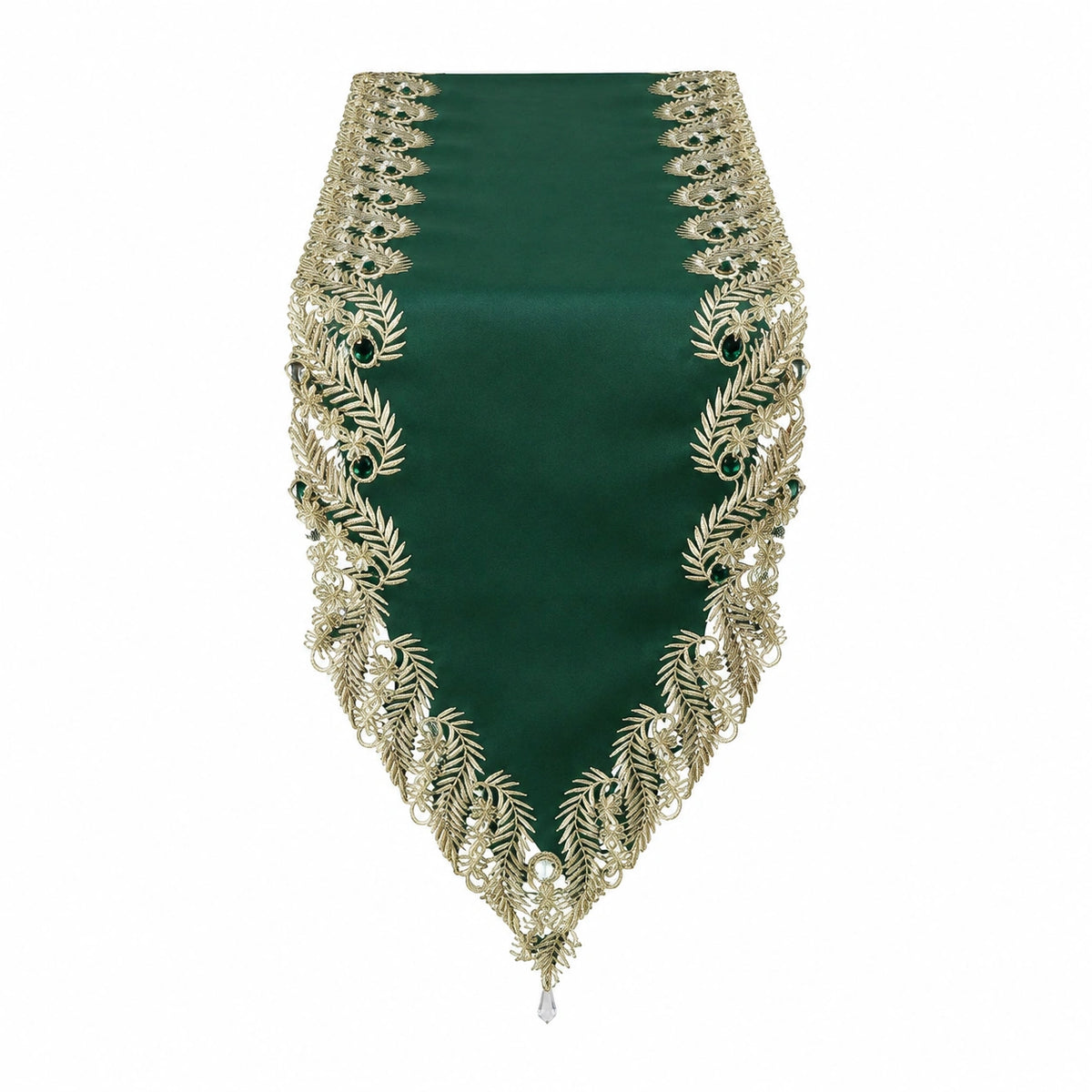 Chemin de table 180 x 33 cm textile vert foncé bordure dentelle dorée style floral