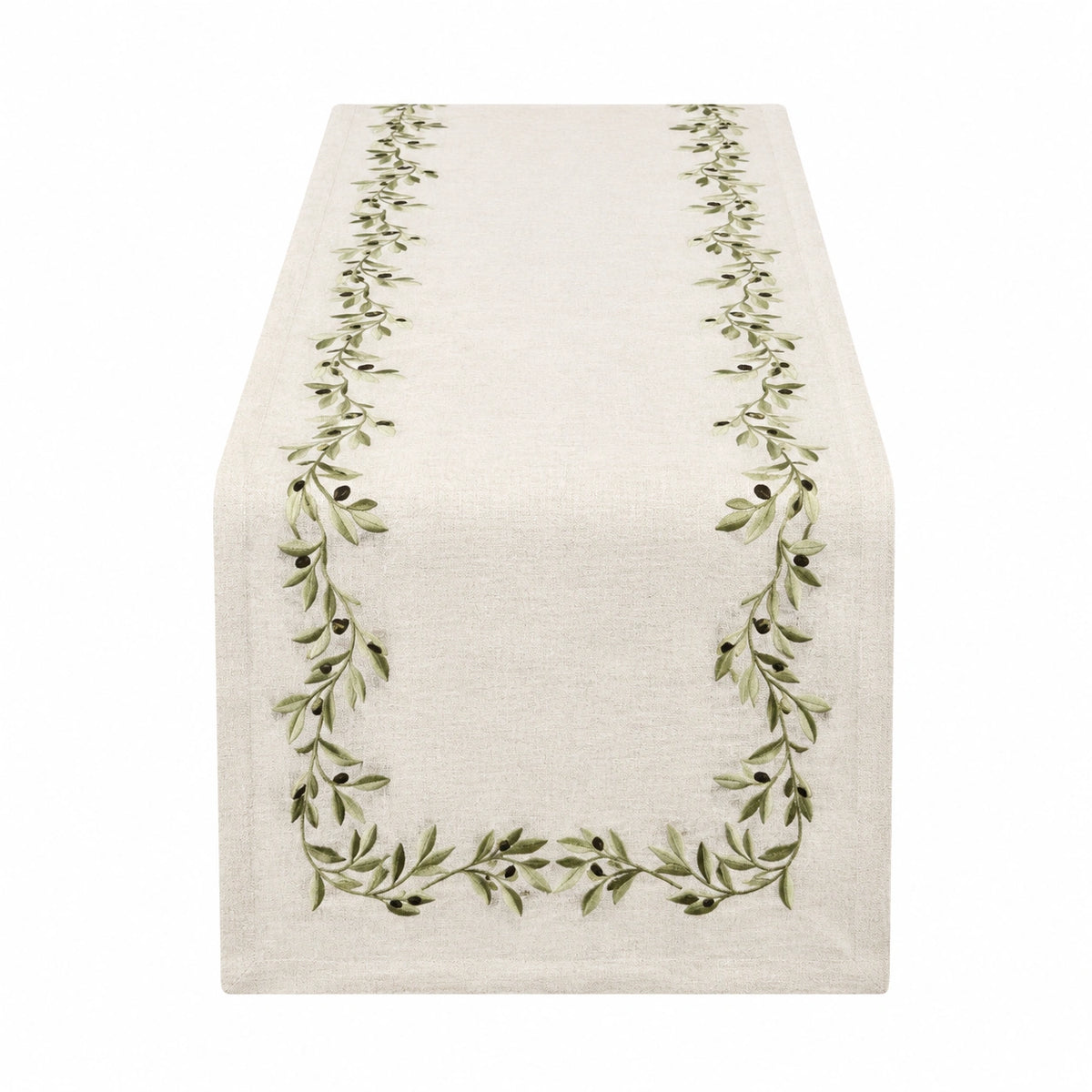 Chemin de table 180 x 40 cm en tissu écru à motif branches d'olivier style végétal