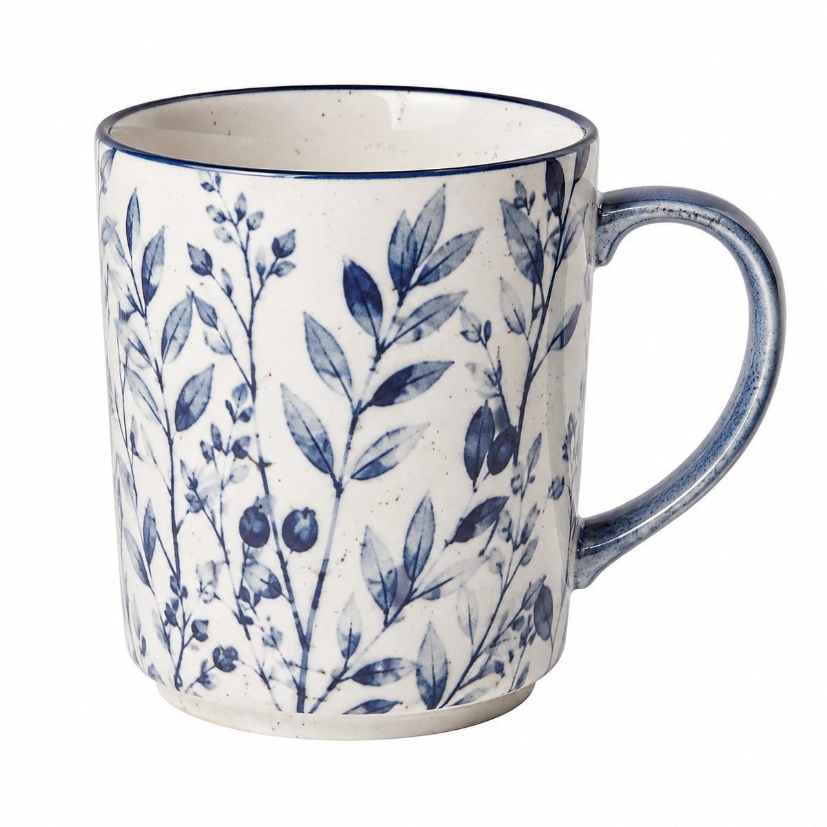 Mug 350 ml en céramique blanc cassé et bleu à motif végétal avec anse